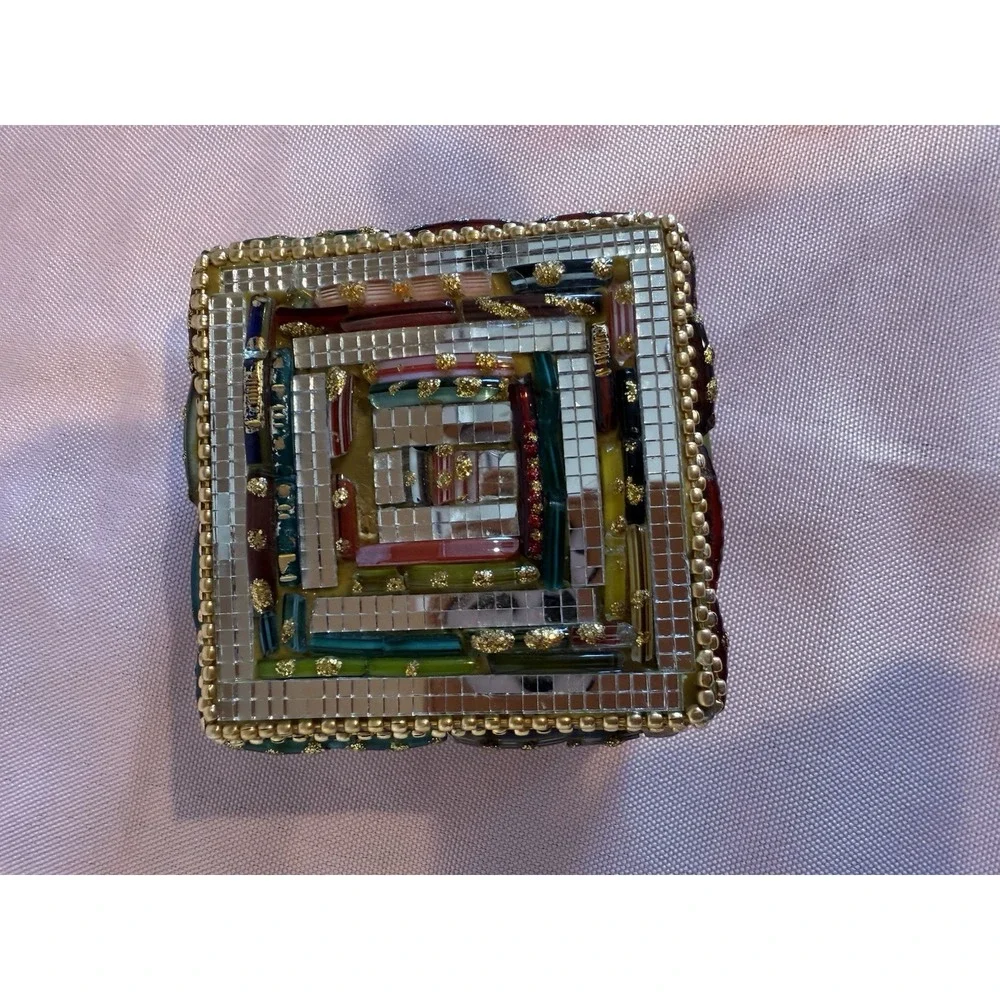 Stone Beaded Mirrored Trinket Box with Lid Vintage Made in India